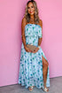 Green Floral Print Ruffled Side Slit Tube Top Maxi Dress
